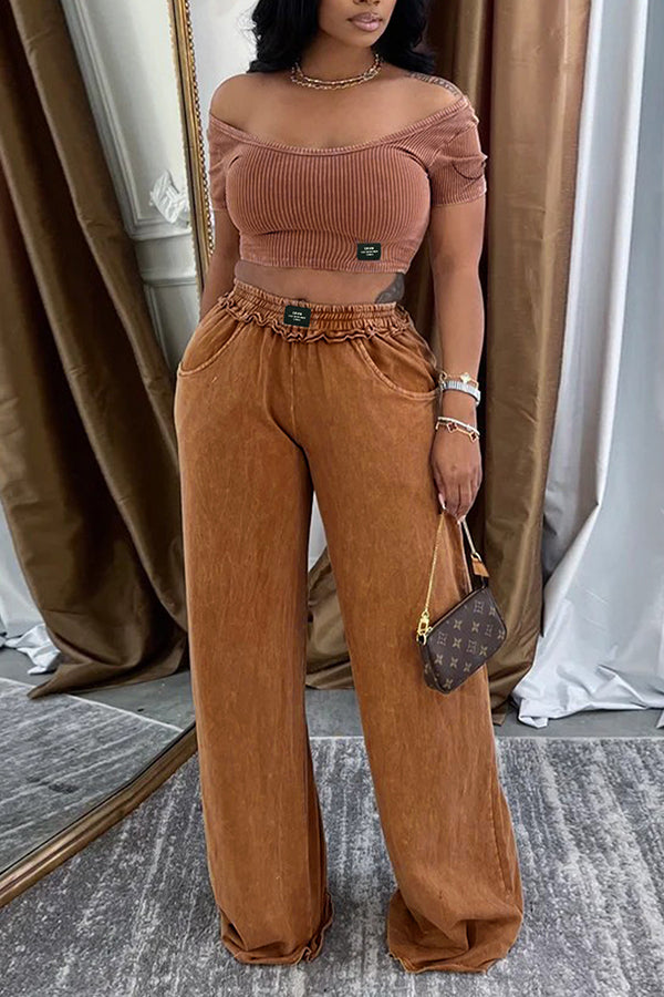 Casual U Neck Top & Distressed Wide Leg Pants Set*