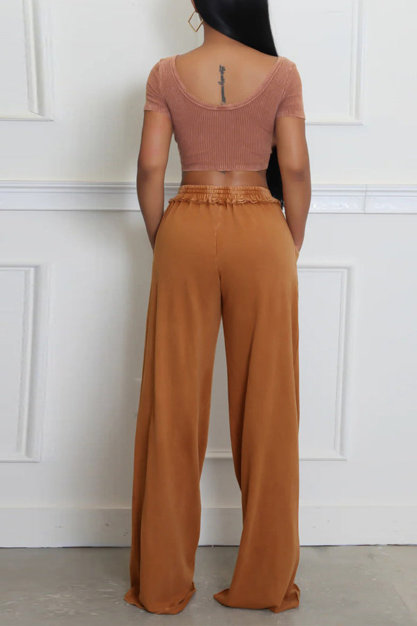 Casual U Neck Top & Distressed Wide Leg Pants Set*