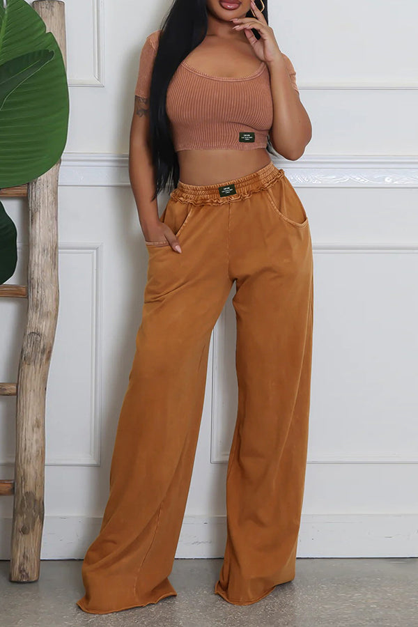 Casual U Neck Top & Distressed Wide Leg Pants Set*