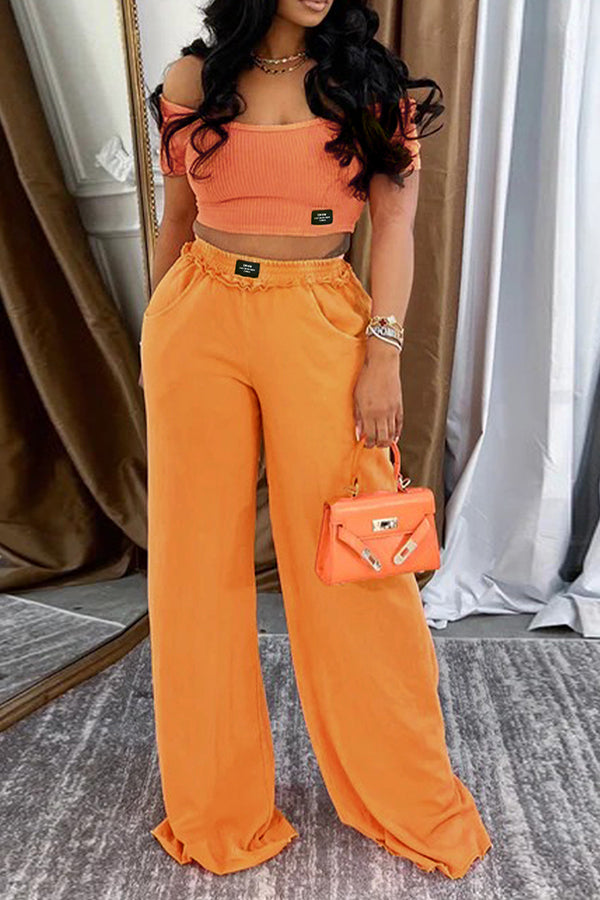 Casual U Neck Top & Distressed Wide Leg Pants Set*