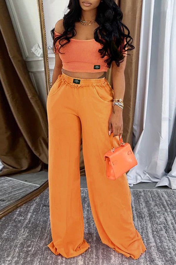 Casual U Neck Top & Distressed Wide Leg Pants Set*