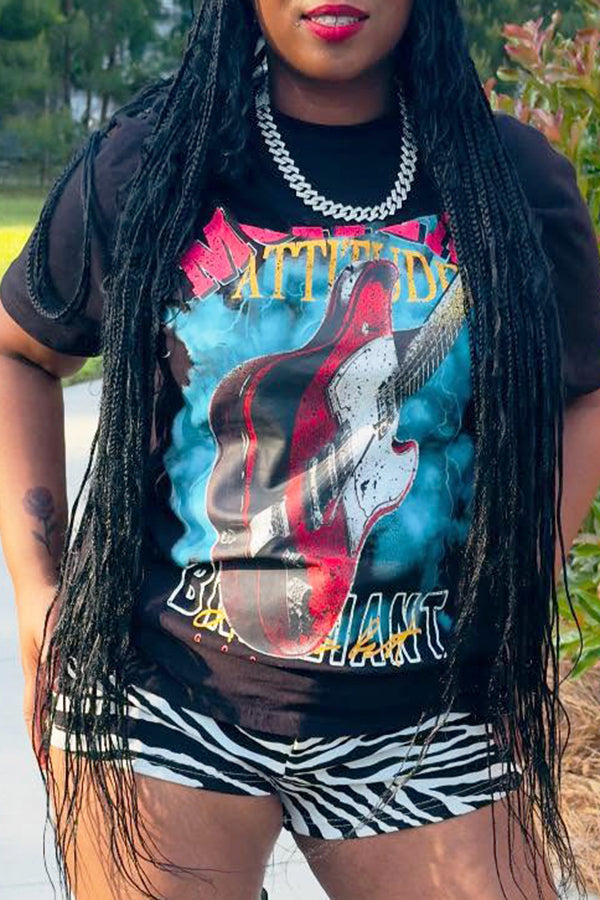 Casual Music Festival Guitar Print T-shirt*