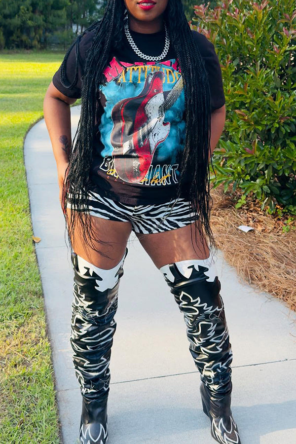 Casual Music Festival Guitar Print T-shirt*