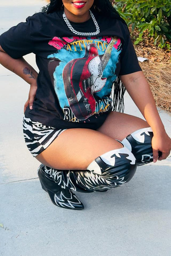 Casual Music Festival Guitar Print T-shirt*