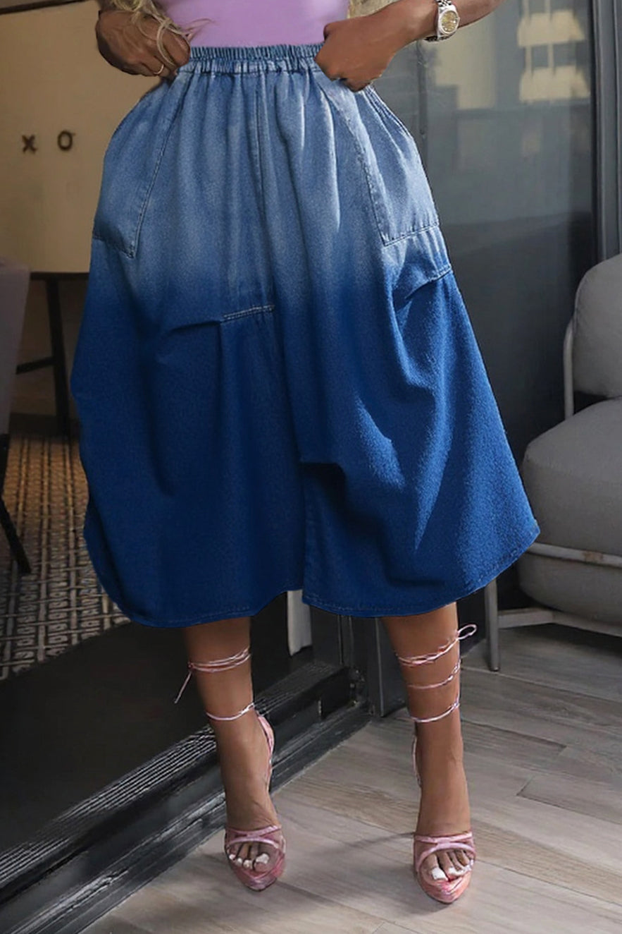 Street Gradient Loose Elastic Waist Denim Skirt*