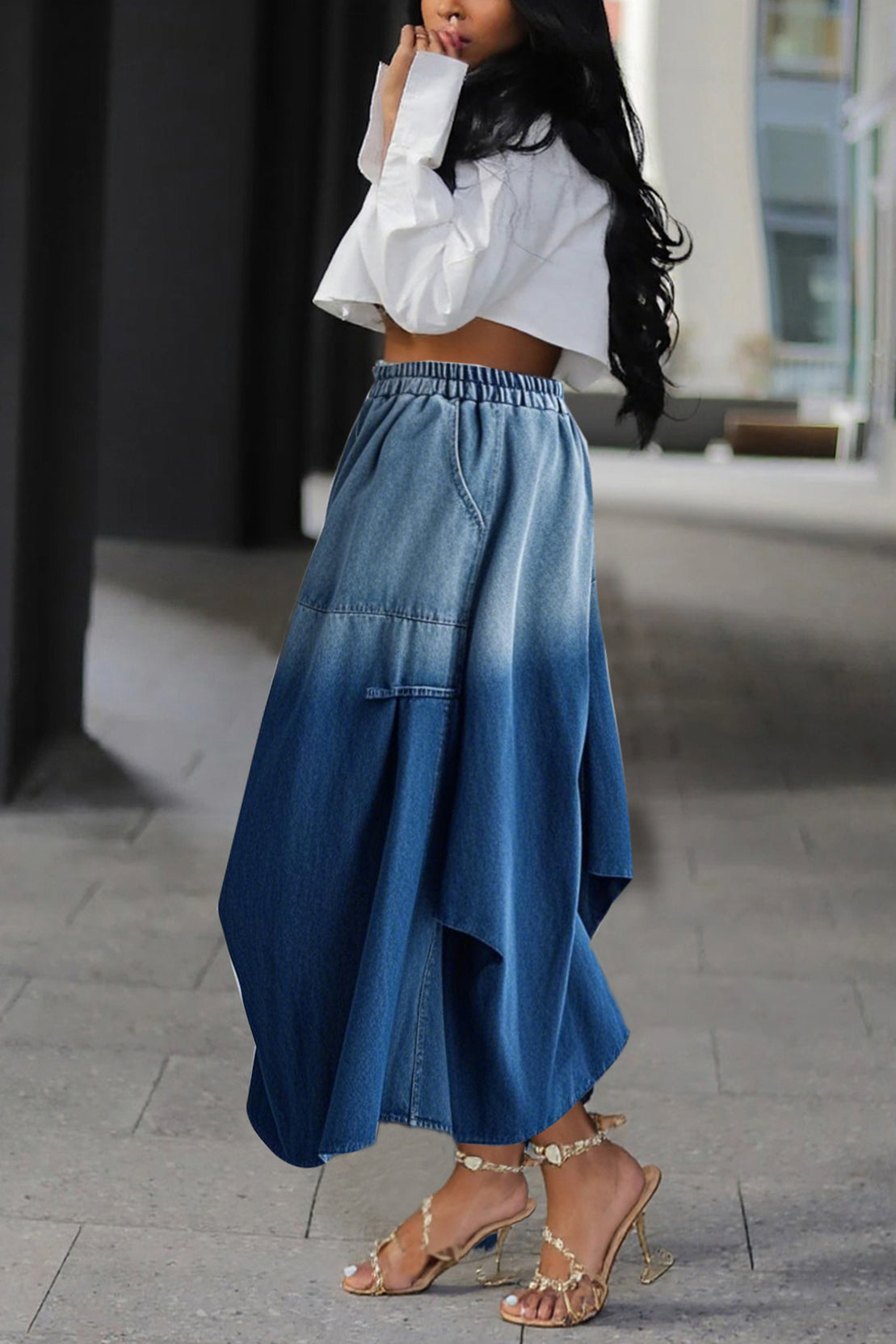 Street Gradient Loose Elastic Waist Denim Skirt*
