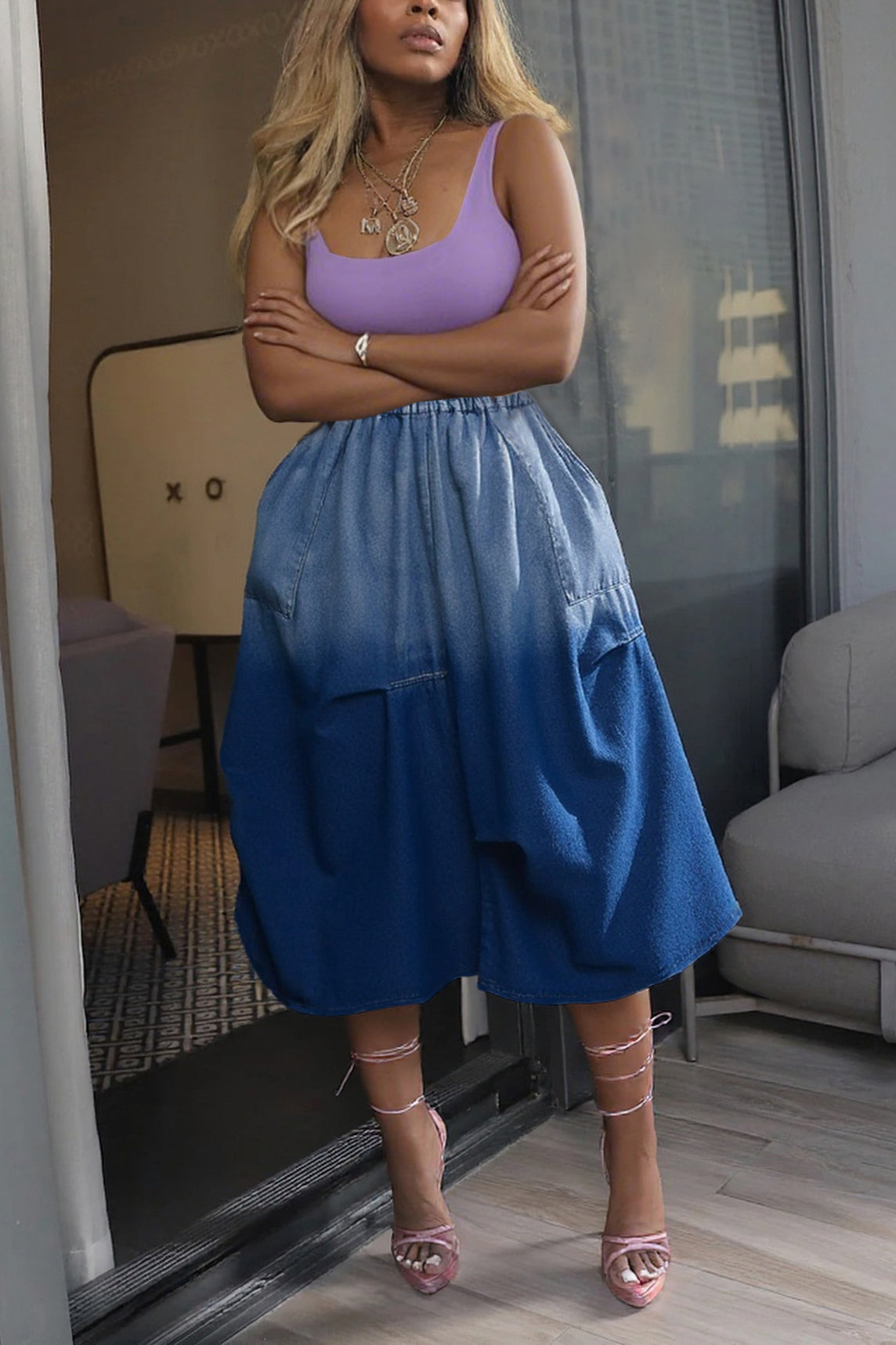 Street Gradient Loose Elastic Waist Denim Skirt*