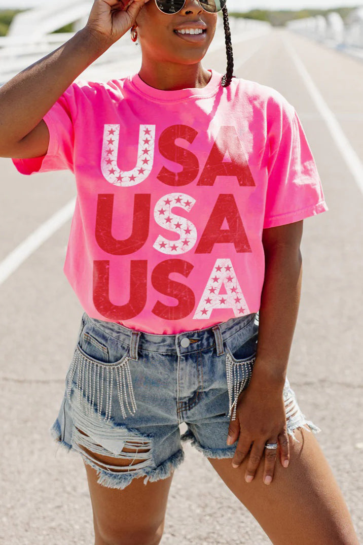 Fashion Usa Print Pink Round Neck T-shirt*