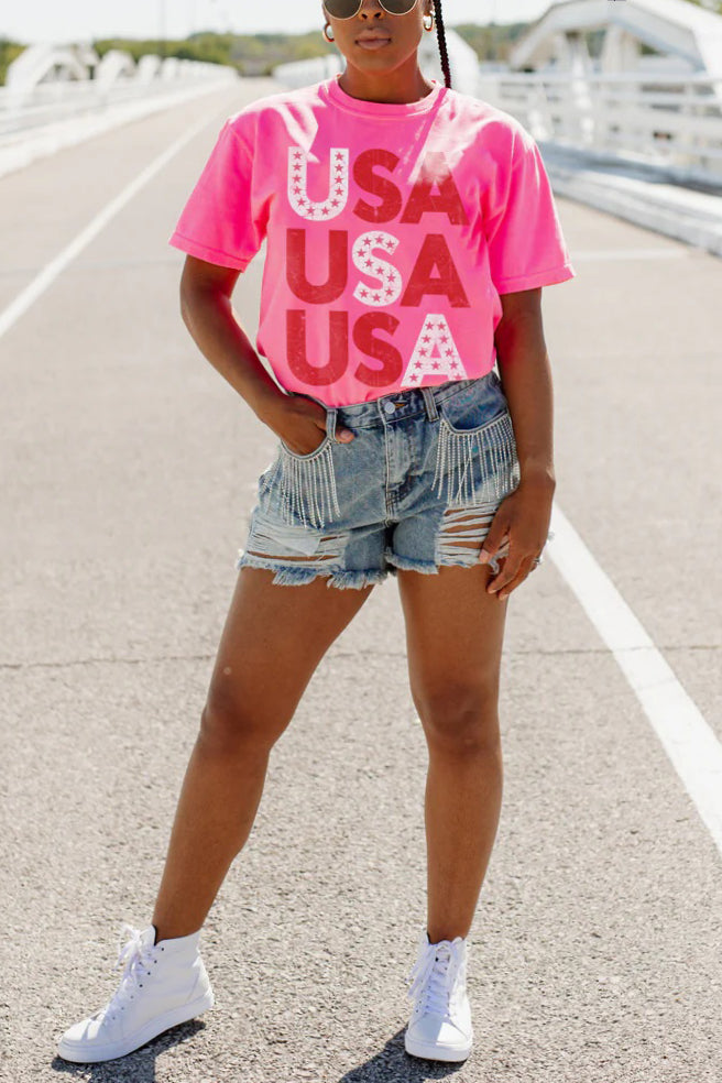 Fashion Usa Print Pink Round Neck T-shirt*