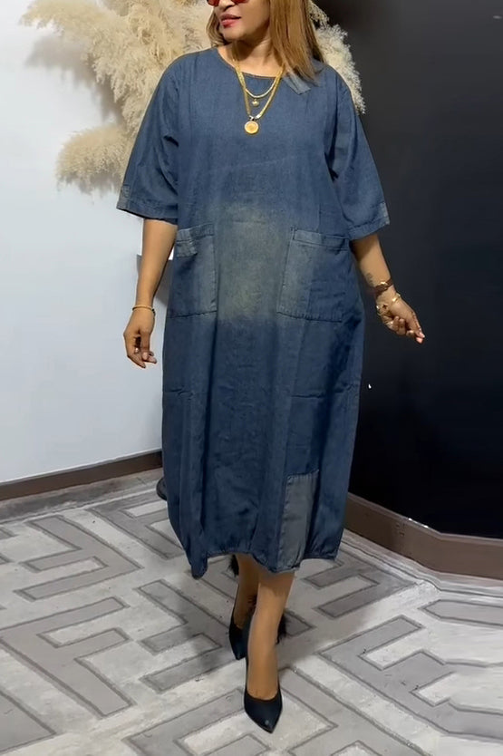 Casual Patch Double Pocket Denim Dress*