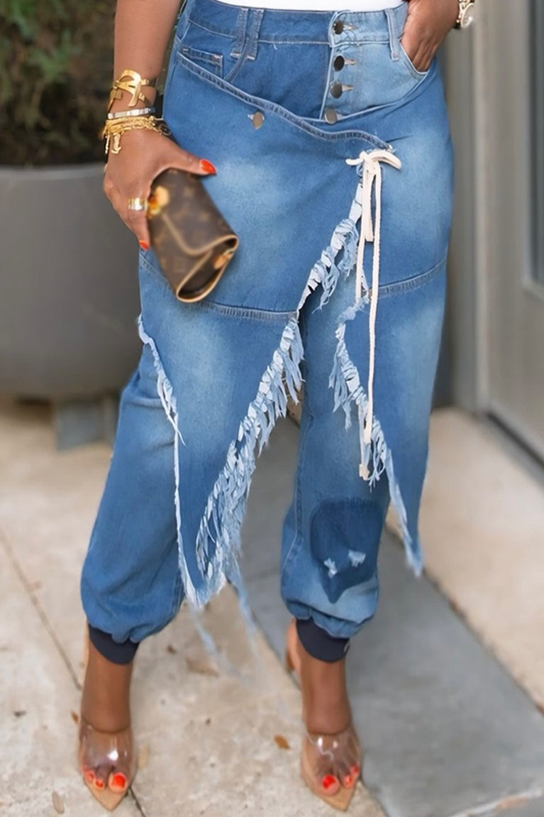 Street Fashion Ripped Lace Up Ribbed Cuff Jeans*