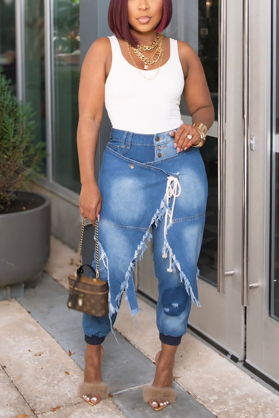 Street Fashion Ripped Lace Up Ribbed Cuff Jeans*