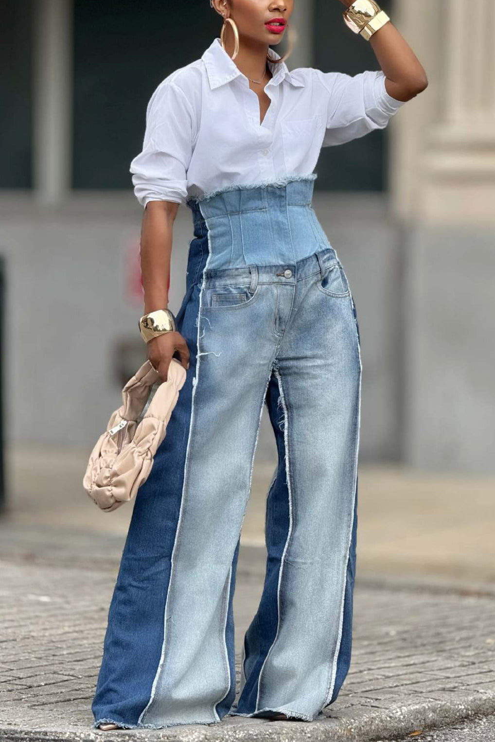 Fashion Street Washed High Waist Colorblocked Beard Jeans*