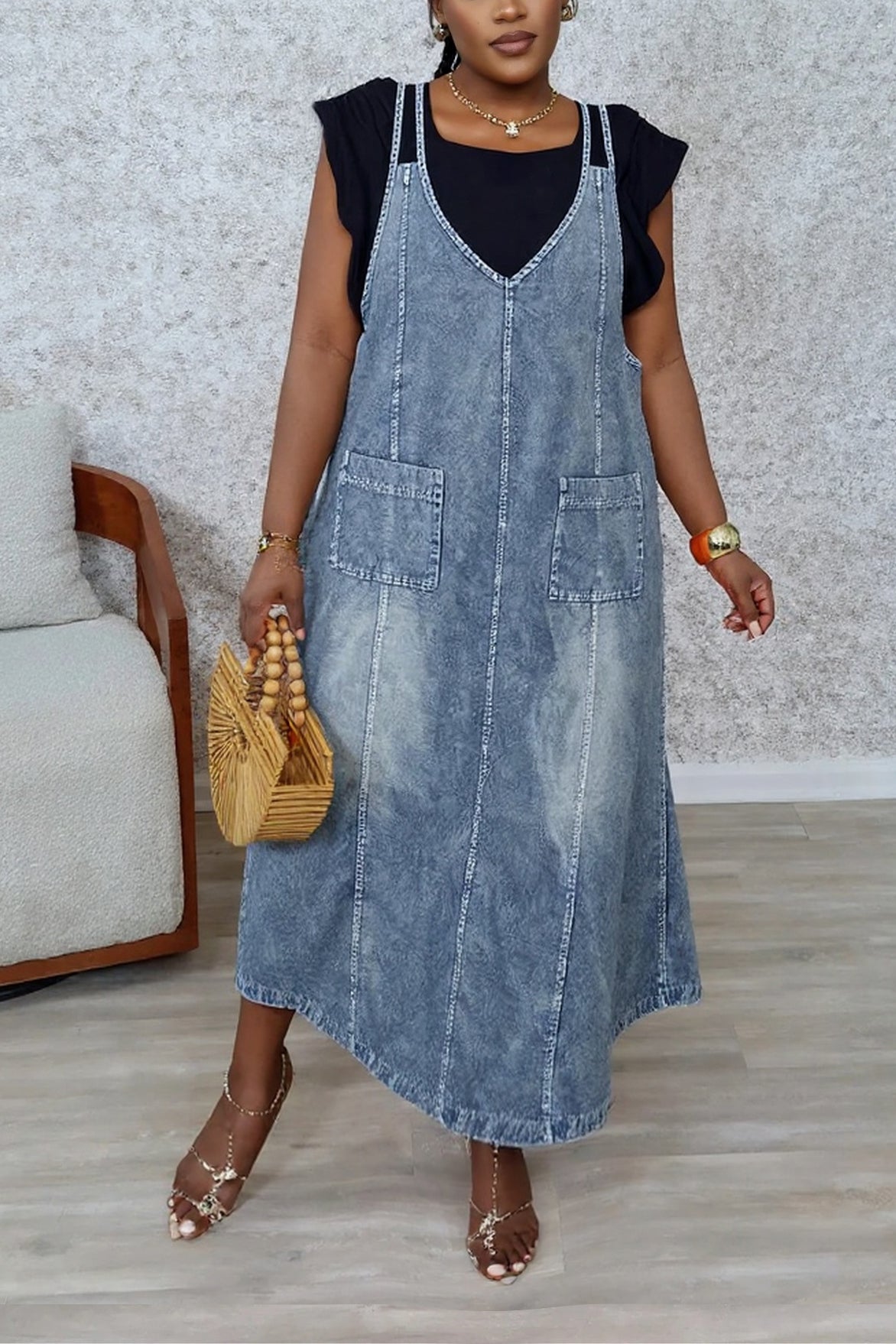 Vintage Washed Distressed Double Pocket Denim Dress*