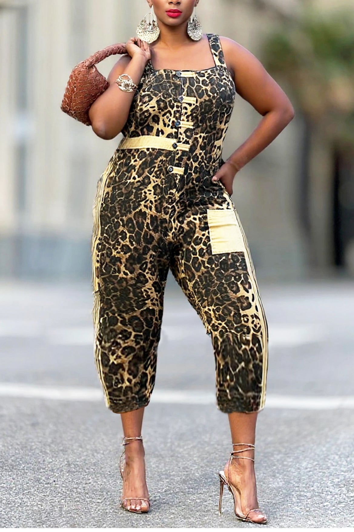 Street Leopard Print Cropped Denim Overalls*