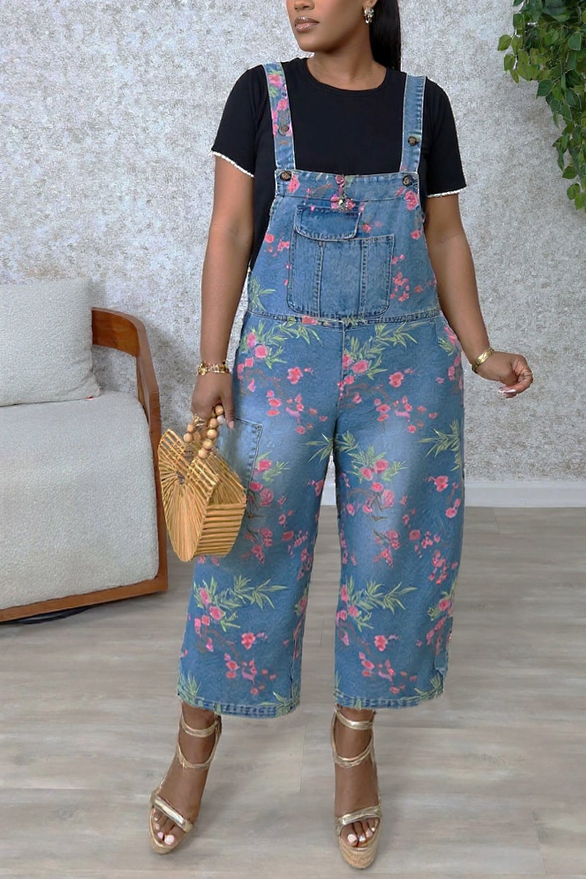 Fashionable Floral Print Denim Overalls*