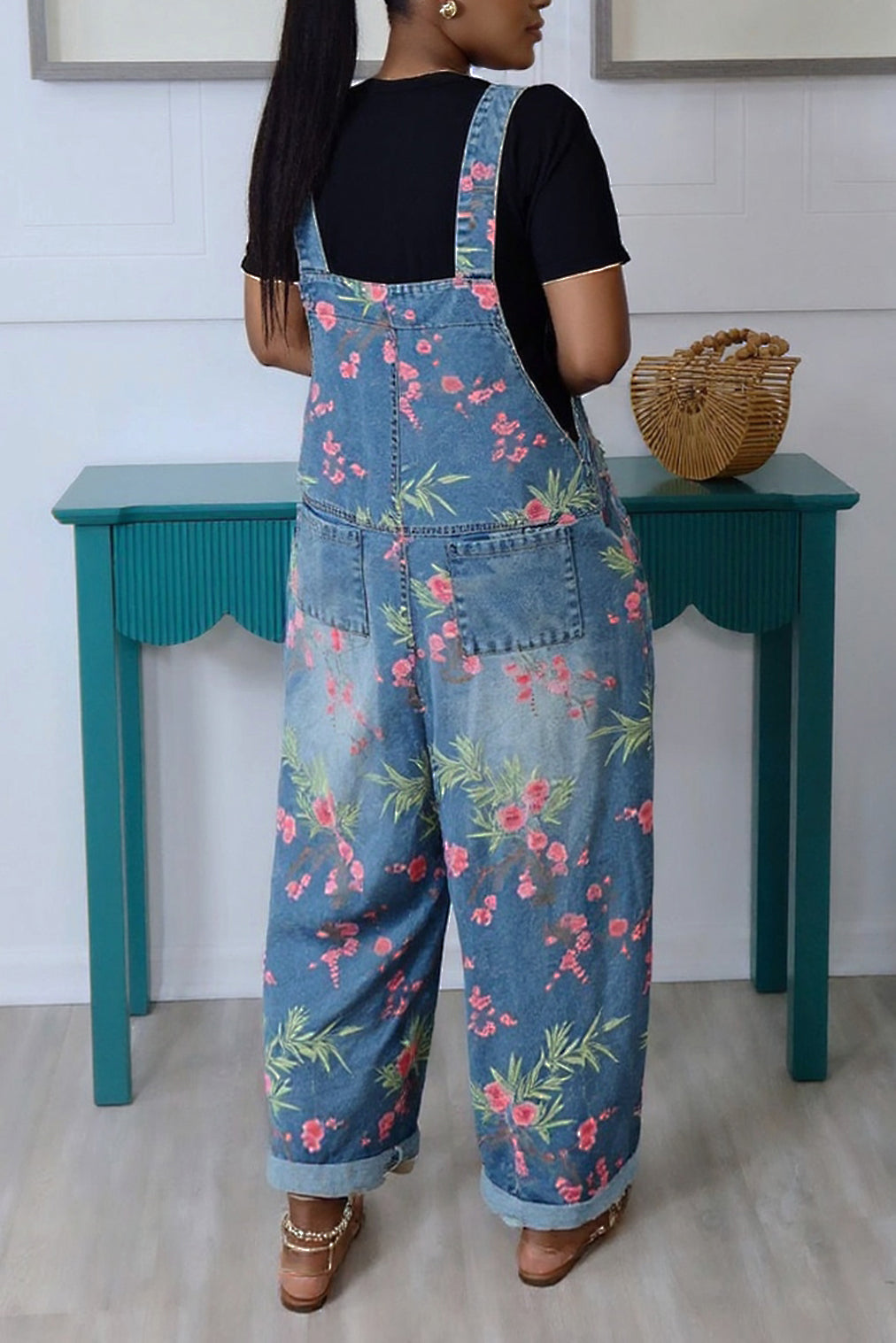Fashionable Floral Print Denim Overalls*