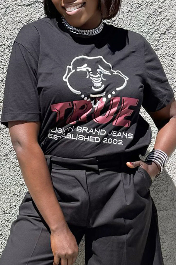 Casual Cartoon Head Letter Print Short Sleeve T-shirt*