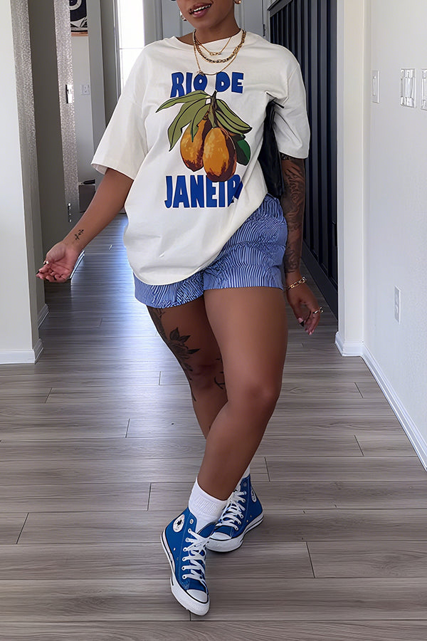 Casual Tropical Fruit Lettering Printed Short Sleeve T-shirt*