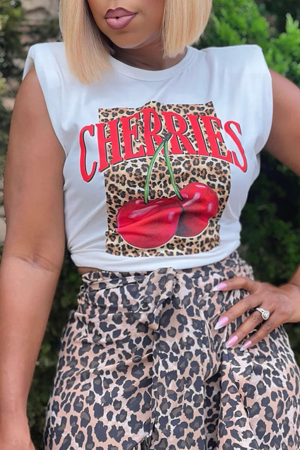 Fashion Leopard Cherry Letters Print Vest*
