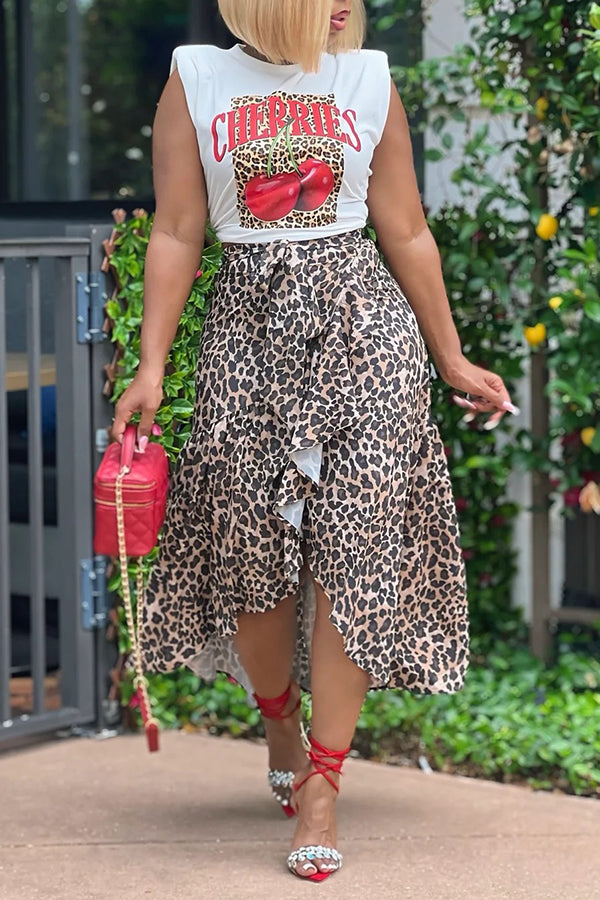 Fashion Leopard Cherry Letters Print Vest*