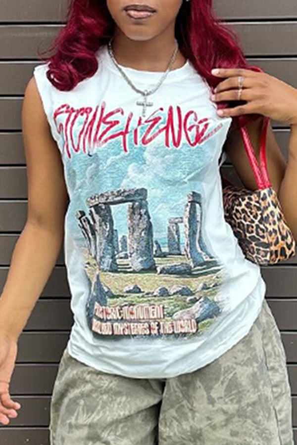 Casual Ancient Building Letter Print Vest*