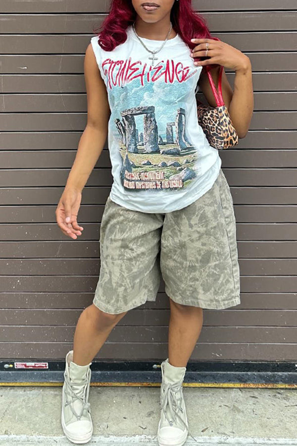 Casual Ancient Building Letter Print Vest*