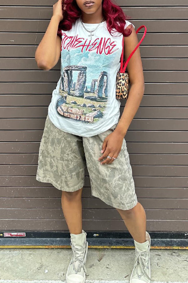 Casual Ancient Building Letter Print Vest*