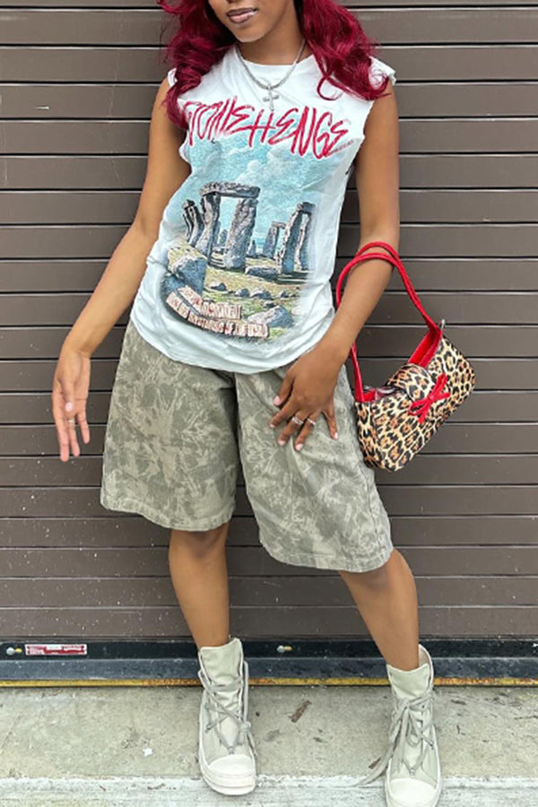 Casual Ancient Building Letter Print Vest*