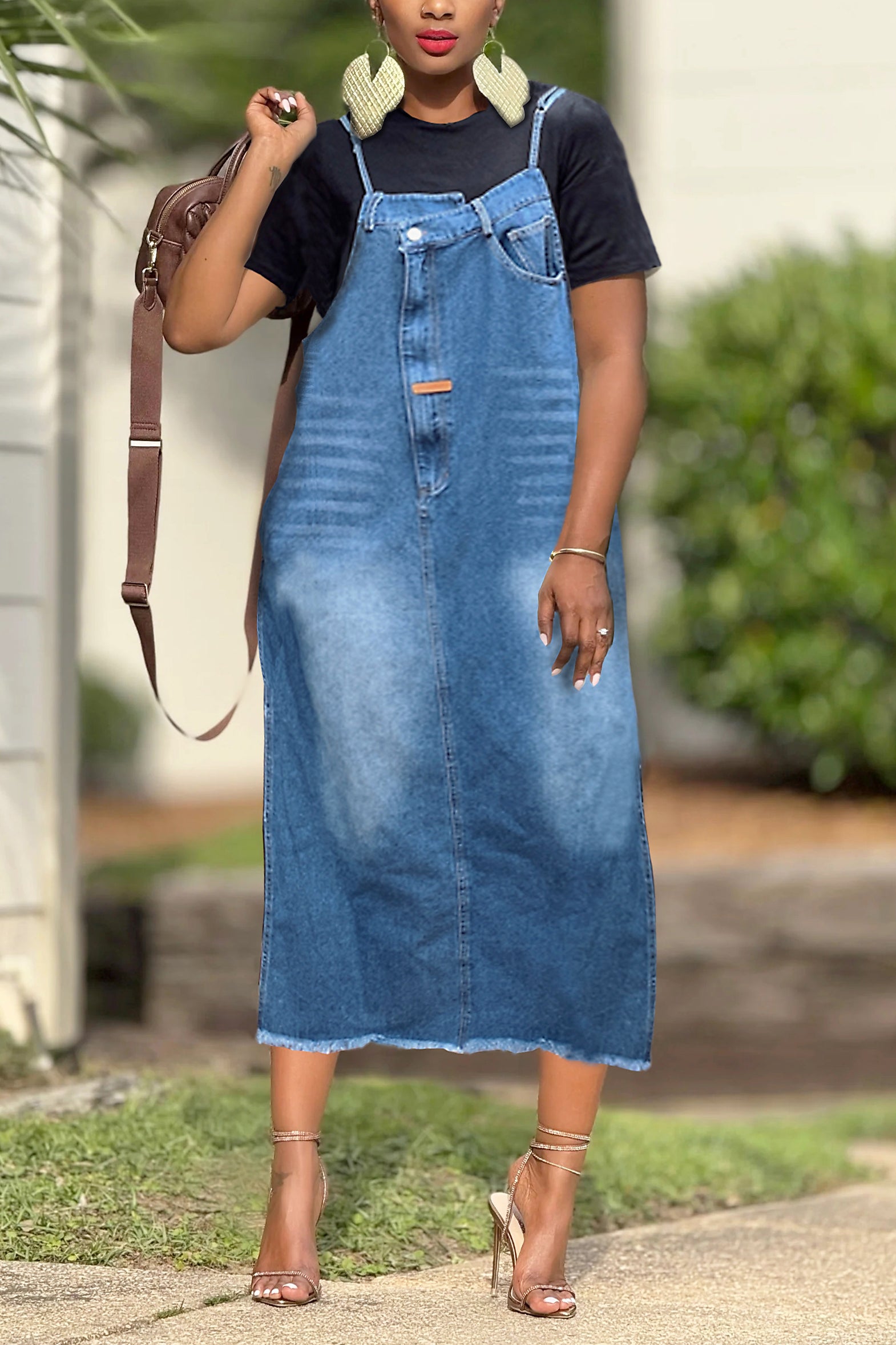 Casual White Beard Edge Suspender Denim Dress*
