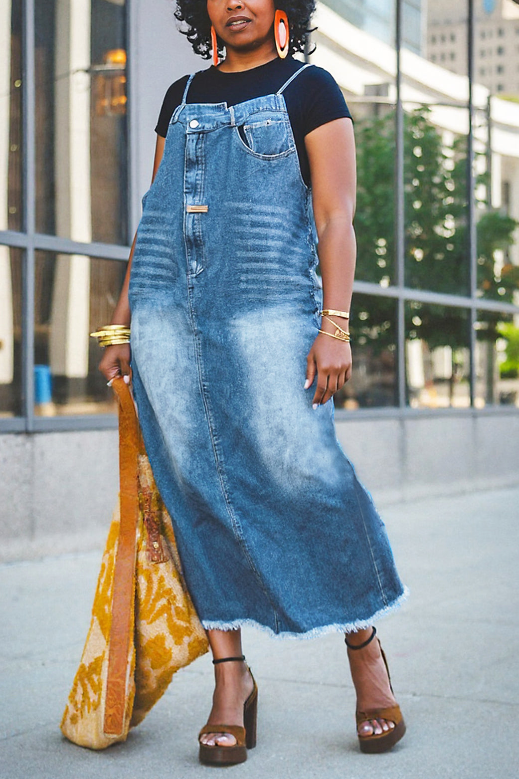 Casual White Beard Edge Suspender Denim Dress*