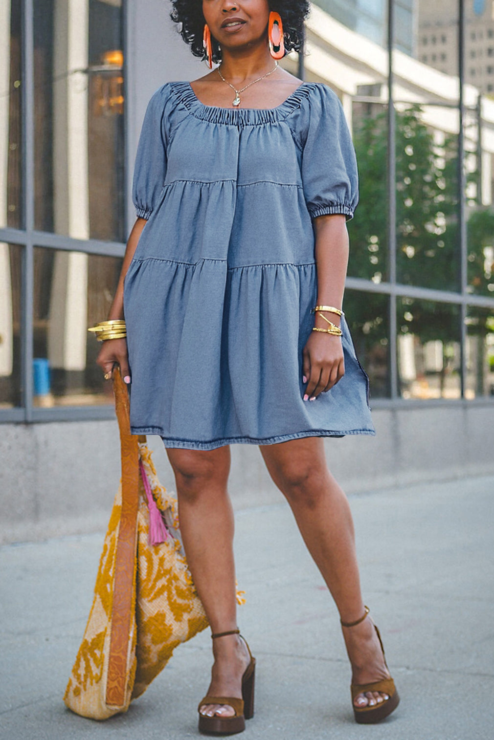 Casual Loose Puff Sleeve Layered Denim Dress*