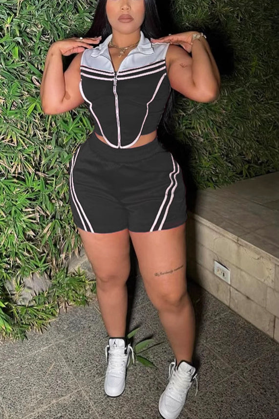 Sports Striped Contrast Sleeveless Stretch Top & Shorts Set*