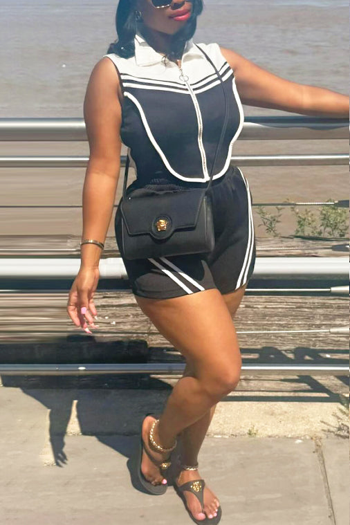 Sports Striped Contrast Sleeveless Stretch Top & Shorts Set*