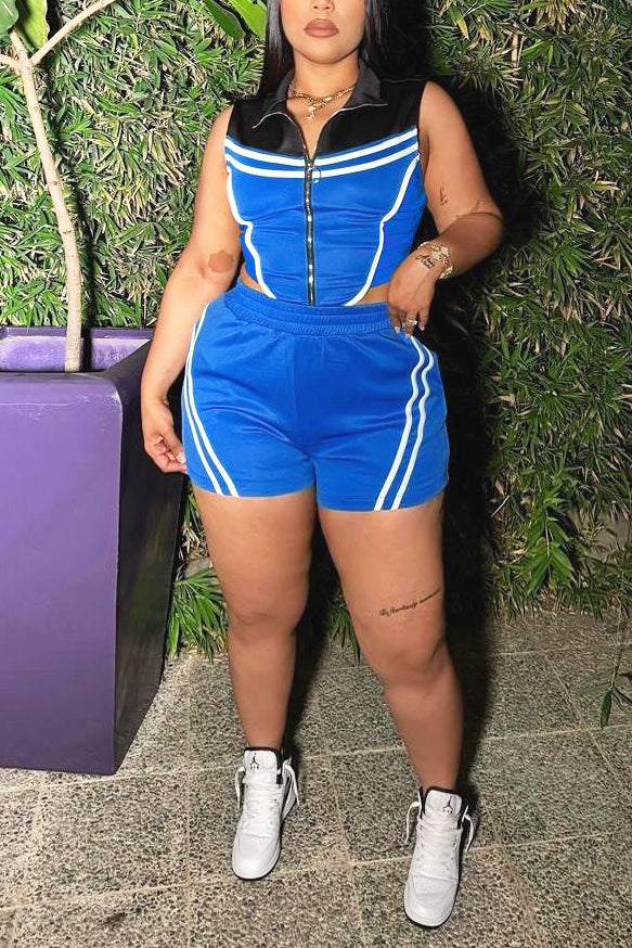 Sports Striped Contrast Sleeveless Stretch Top & Shorts Set*