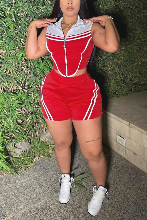 Sports Striped Contrast Sleeveless Stretch Top & Shorts Set*