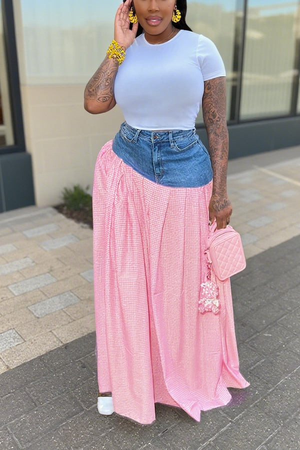 Fashionable High Waist Split Plaid Denim Skirt*