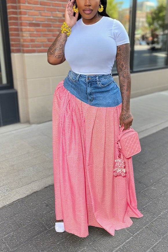 Fashionable High Waist Split Plaid Denim Skirt*