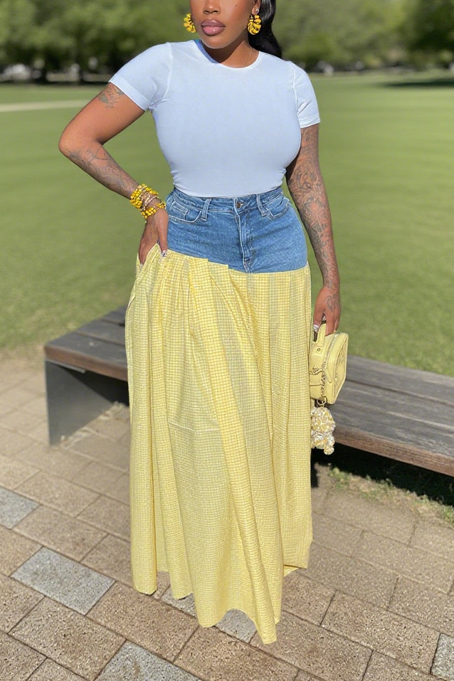 Fashionable High Waist Split Plaid Denim Skirt*