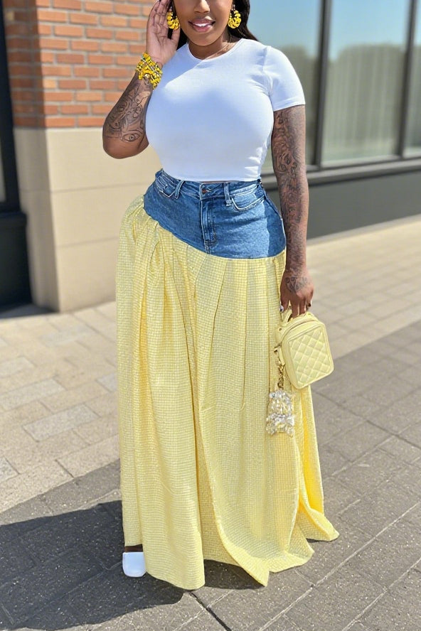 Fashionable High Waist Split Plaid Denim Skirt*