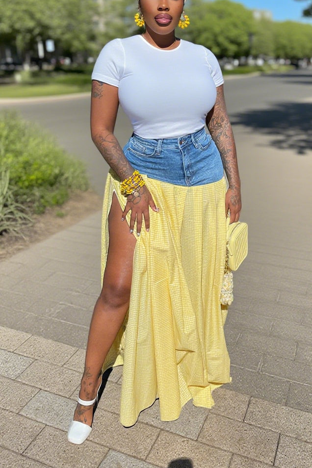 Fashionable High Waist Split Plaid Denim Skirt*