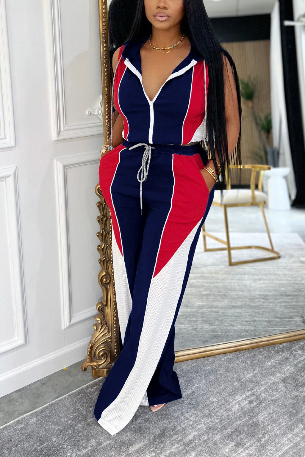 Fassports Mesh Jersey Patchwork Top & Drawstring Pants Set*