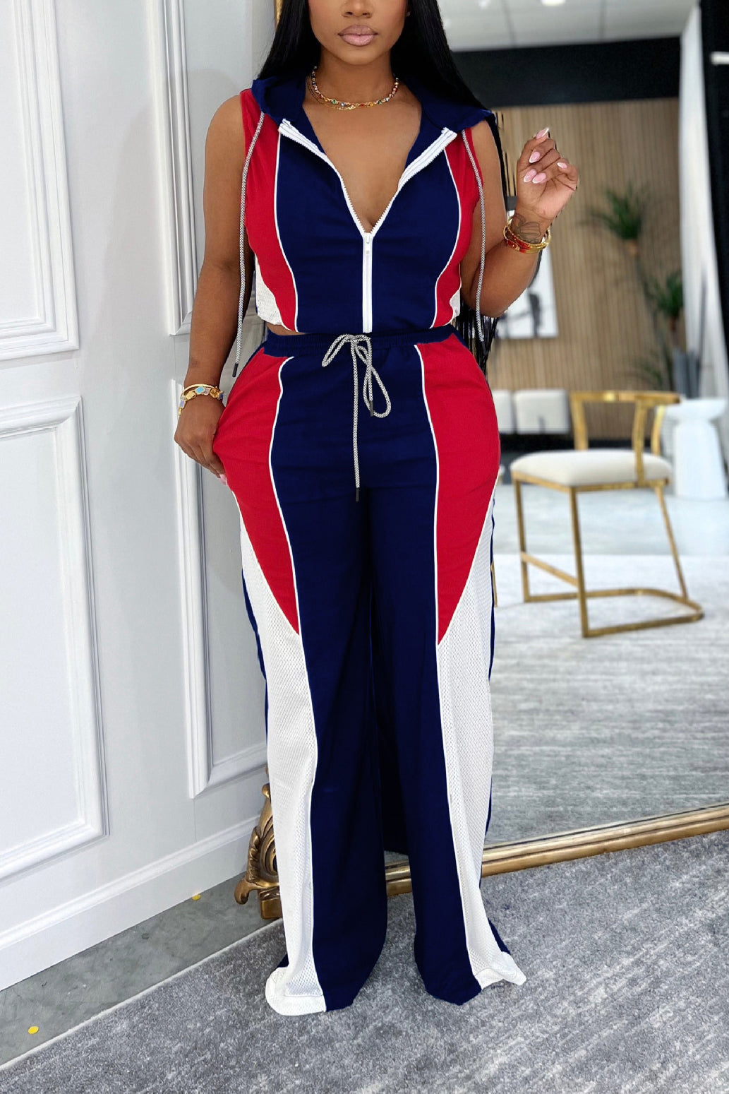 Fassports Mesh Jersey Patchwork Top & Drawstring Pants Set*