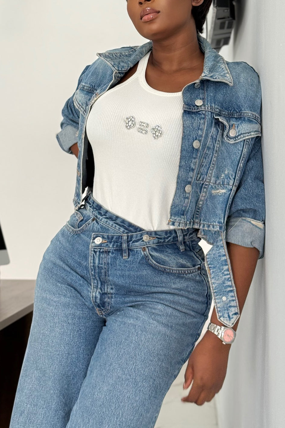 Fashionable Oblique Button Asymmetric Waist Jeans*