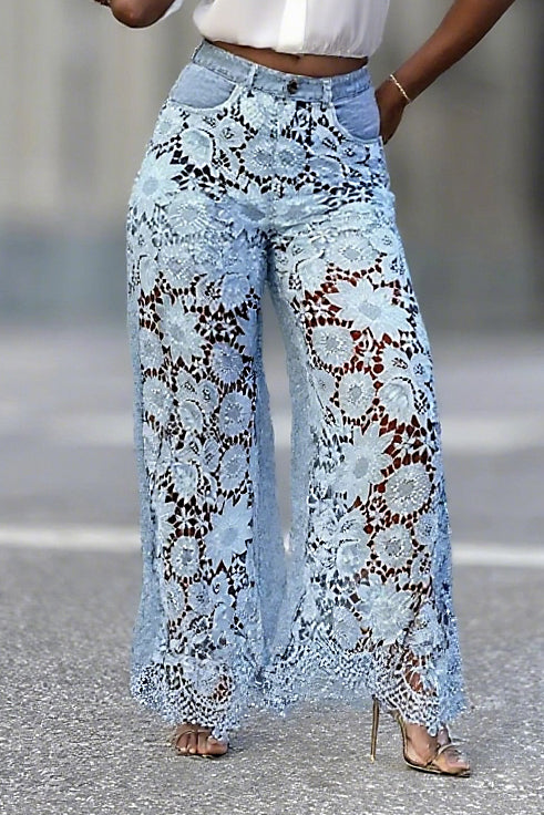 Chic Hollow Lace Panel Jeans*
