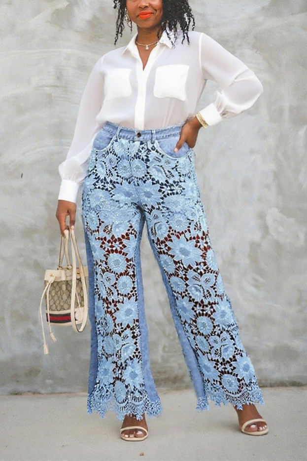 Chic Hollow Lace Panel Jeans*