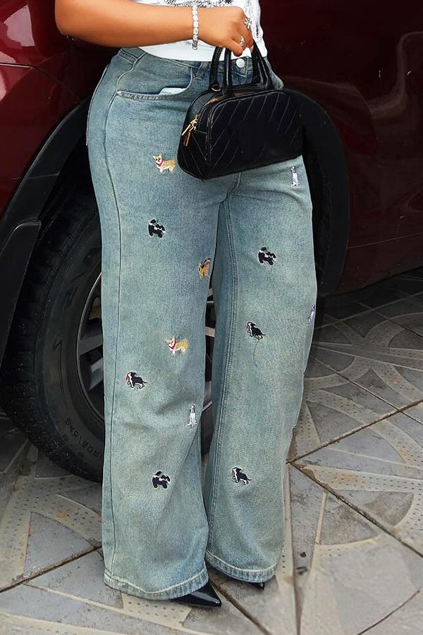 Fashionable Dachshund Embroidered Washed Jeans*
