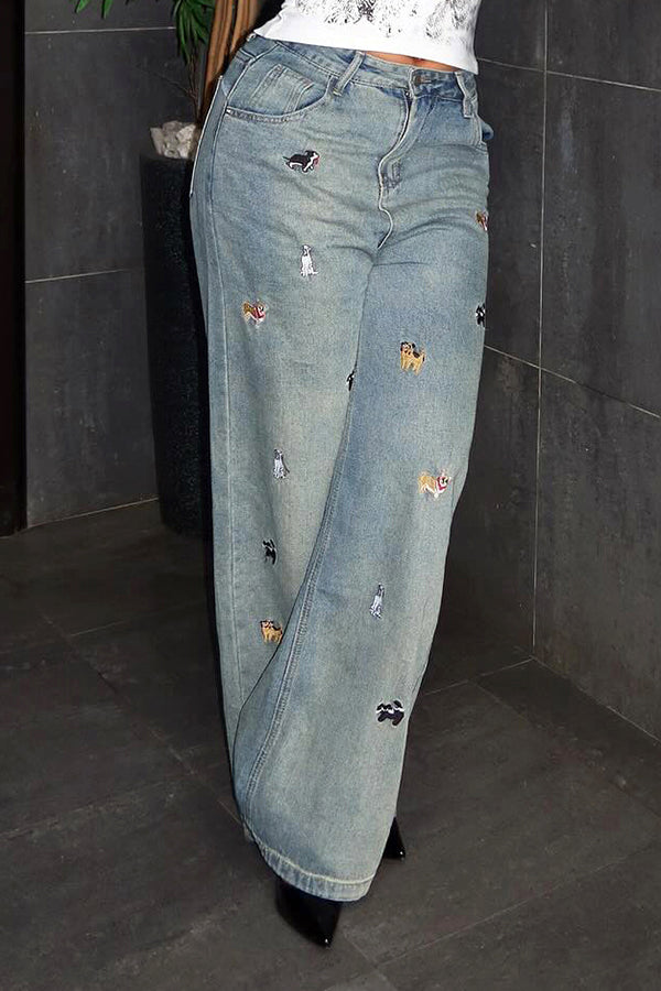 Fashionable Dachshund Embroidered Washed Jeans*