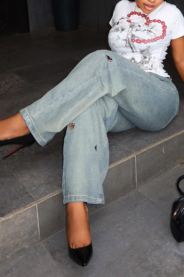 Fashionable Dachshund Embroidered Washed Jeans*