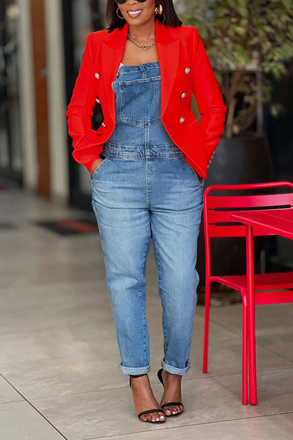 Casual Chest Pocket Bleached Denim Overalls*